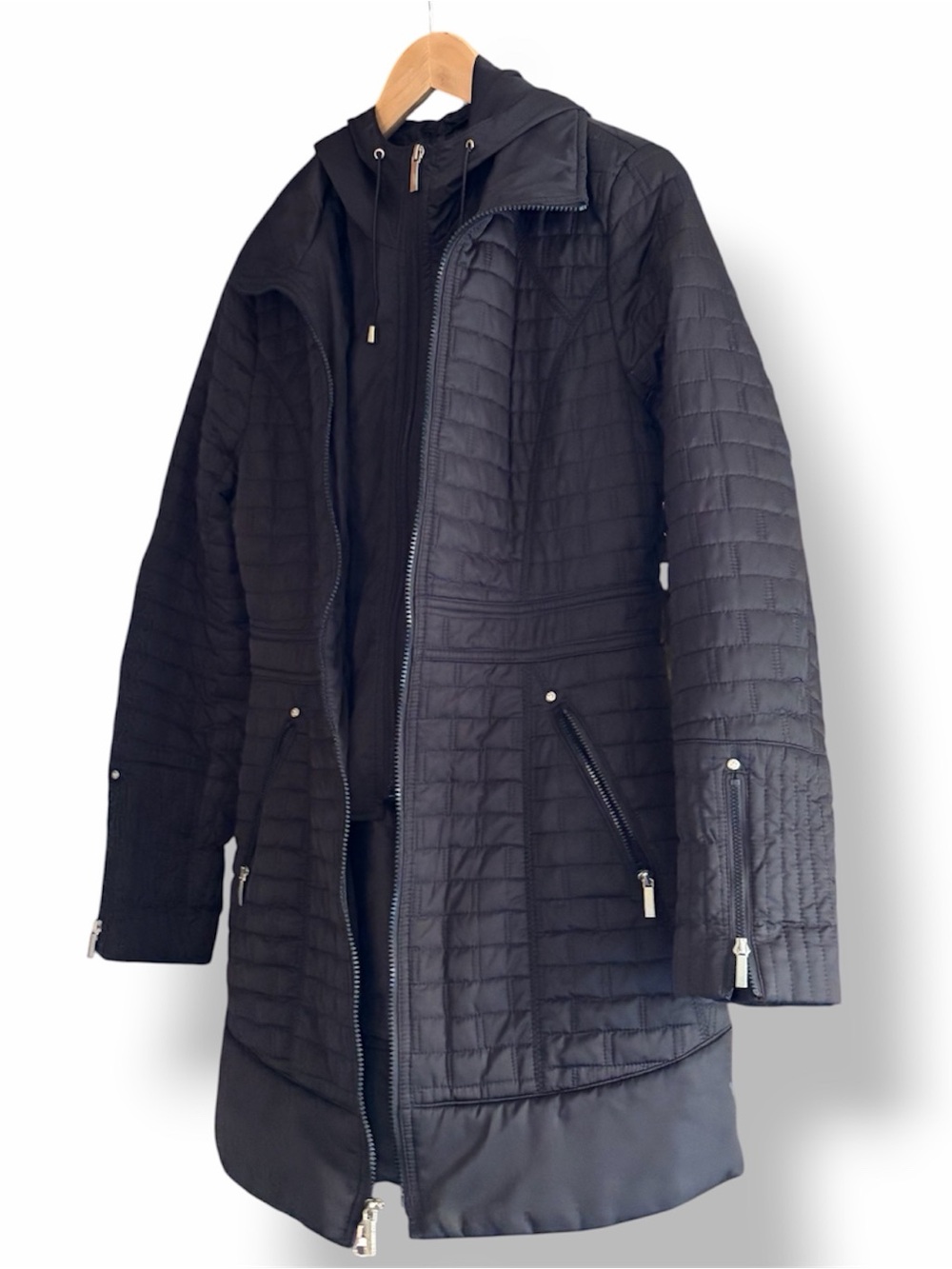 Women's Black Quilted Long Jacket with Hood